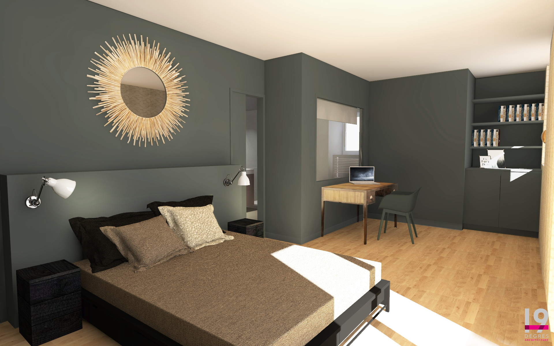 3D d'une chambre aux murs verts et au mobilier sur les tons marron.