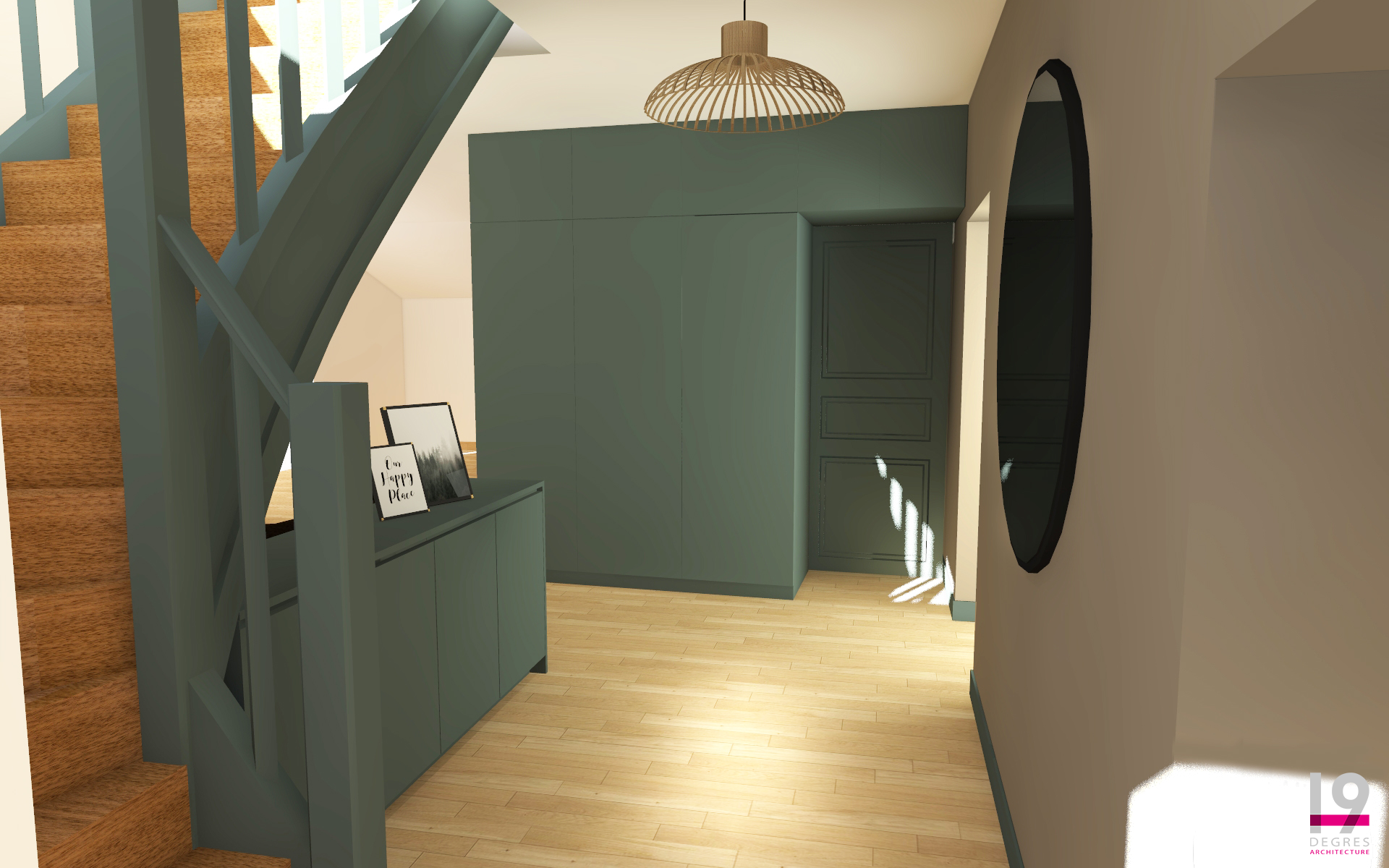 3D de l'entrée de la maison avec vue sur un escalier et des agencements sur-mesure.