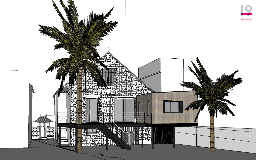 Modélisation 3D du projet d'une terrasse sur pilotis avec une extension.