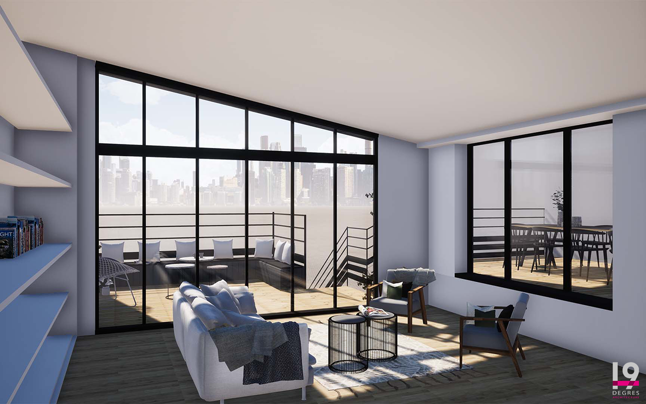 3D du salon avec vue sur une terrasse sur pilotis.
