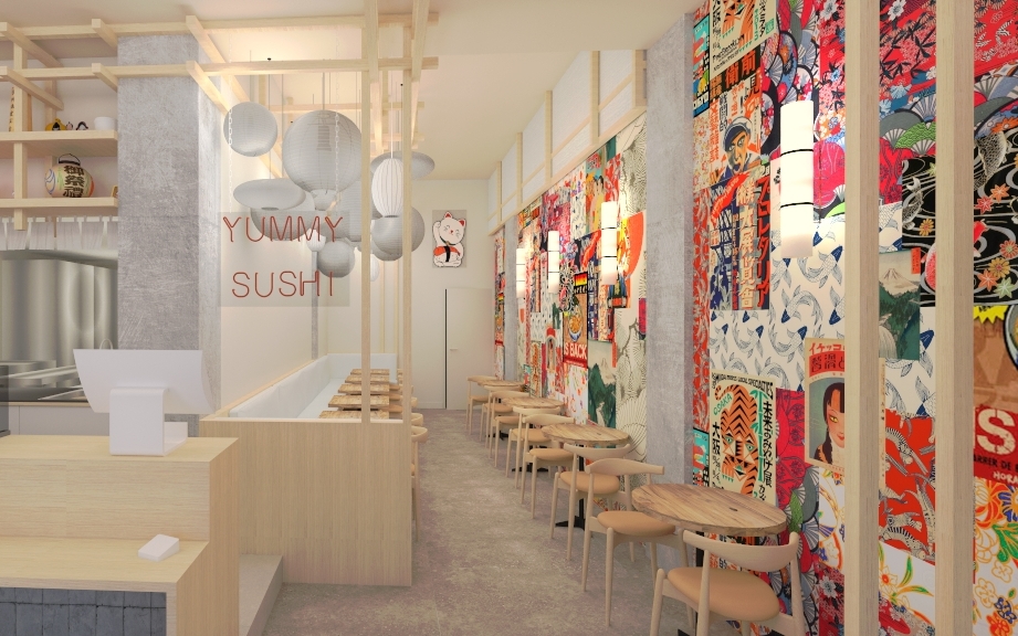 Plans 3D Restaurant Yummy Sushi à Rennes.